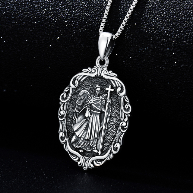 Sterling Silver Oval Shaped Saint Michael Pendant Necklace-2