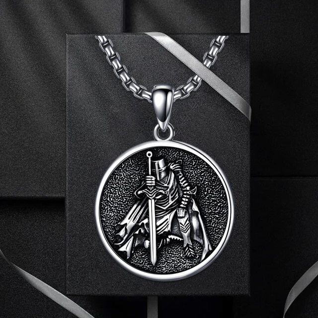 Colar de prata esterlina com pingente de moeda de runa viking em ródio negro para homem-5