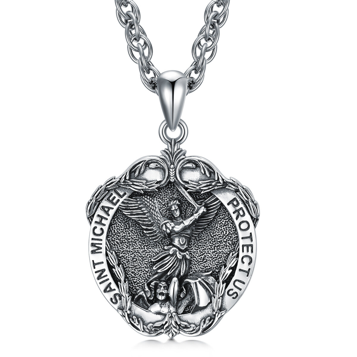 Sterling Silver Saint Michael Ivy Pendant Necklace with Engraved Word for Men-1