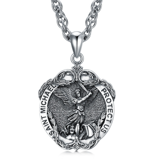 Sterling Silber Saint Michael Ivy Anhänger Halskette mit eingraviertem Wort für Männer-0