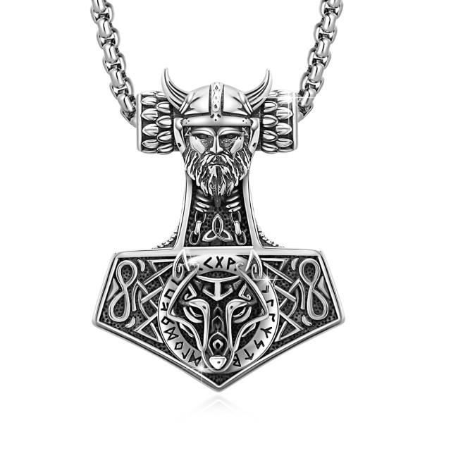 Sterling Silver Wolf & Thor's Hammer Pendant Necklace for Men-0