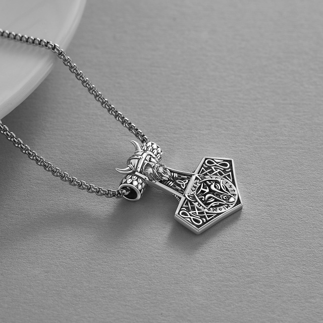 Sterling Silver Wolf & Thor's Hammer Pendant Necklace for Men-3