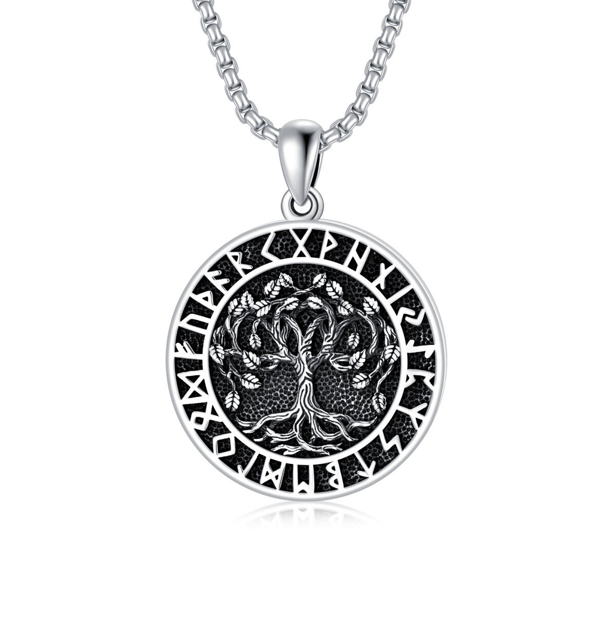 Sterling Silver Tree Of Life & Viking Rune Pendant Necklace for Men-1