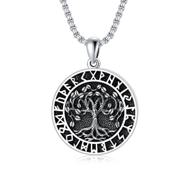 Sterling Silver Tree Of Life & Viking Rune Pendant Necklace for Men-0