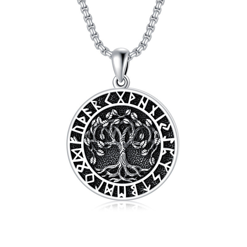 Sterling Silver Tree Of Life & Viking Rune Pendant Necklace for Men