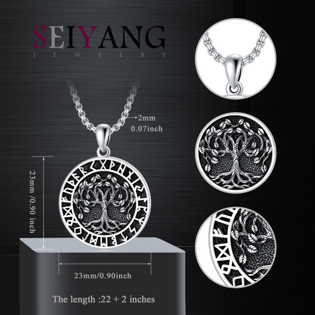 Sterling Silver Tree Of Life & Viking Rune Pendant Necklace for Men-4