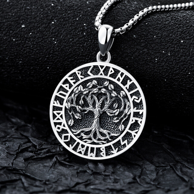 Sterling Silver Tree Of Life & Viking Rune Pendant Necklace for Men-2