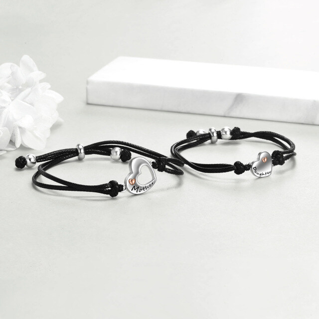 Sterling Silver Two-tone Heart Mother & Daughter Couple Pendant Bracelet with Black Leather Chain-3