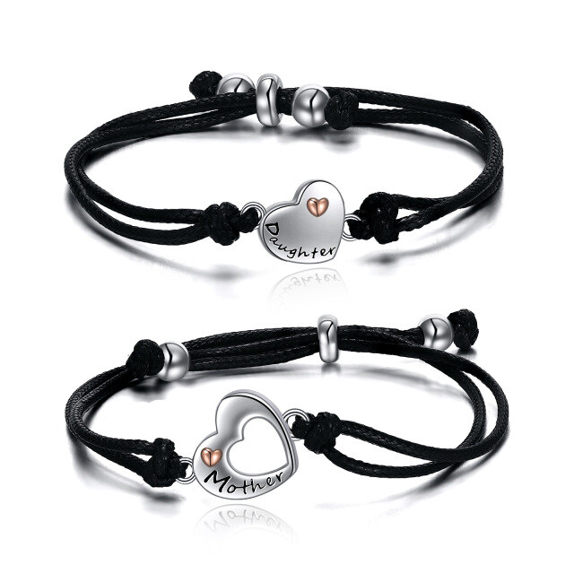 Sterling Silber zweifarbig Herz Mutter & Tochter Paar Anhänger Armband mit schwarzem Leder Kette-0