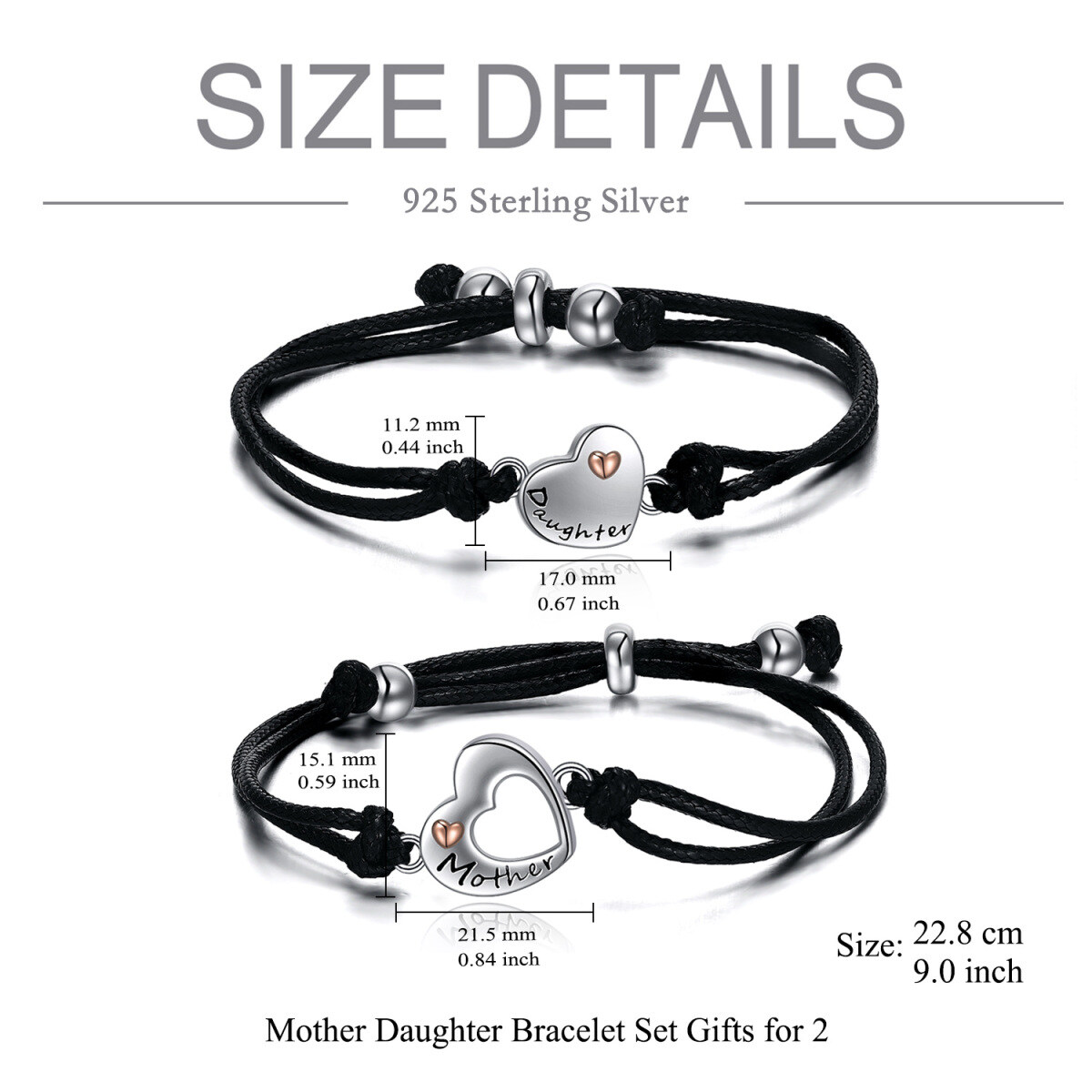Sterling Silver Two-tone Heart Mother & Daughter Couple Pendant Bracelet with Black Leather Chain-6