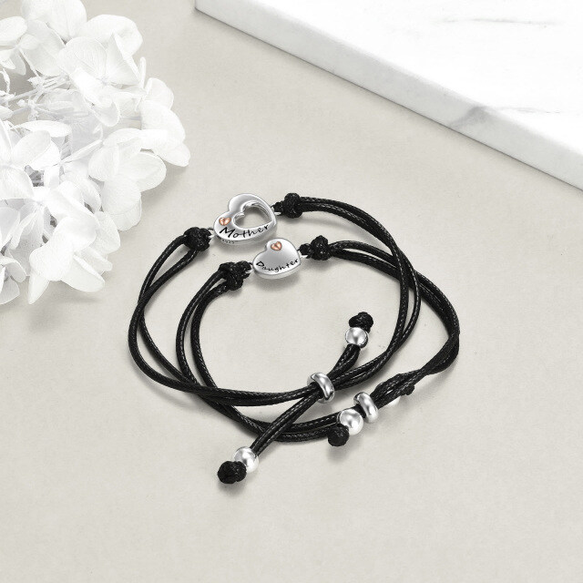 Sterling Silver Two-tone Heart Mother & Daughter Couple Pendant Bracelet with Black Leather Chain-4