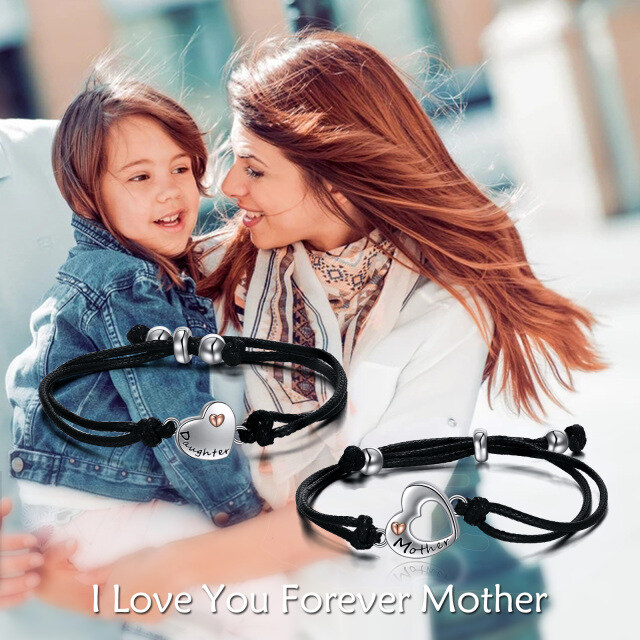 Sterling Silver Two-tone Heart Mother & Daughter Couple Pendant Bracelet with Black Leather Chain-2