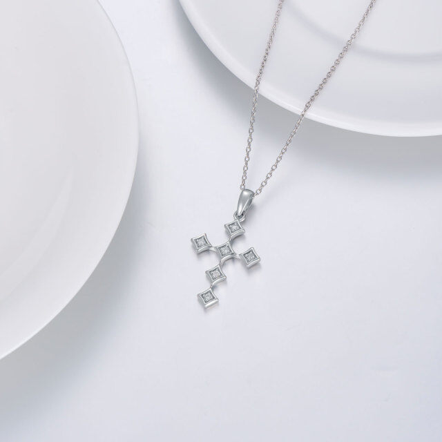 Sterling Silber Runde Diamant Kreuz Anhänger Halskette-2