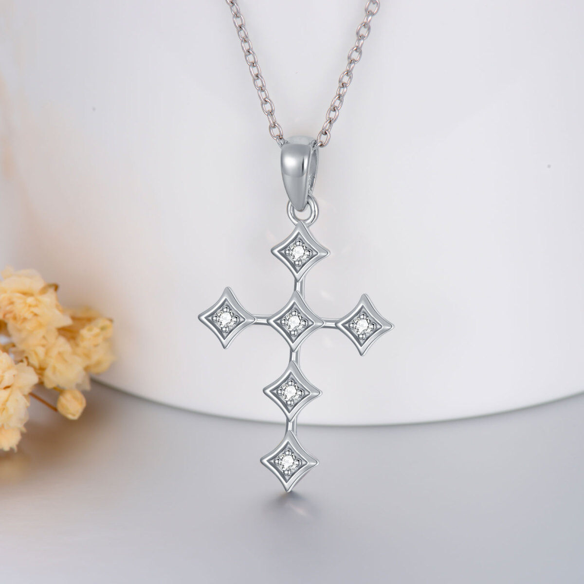 Sterling Silber Runde Diamant Kreuz Anhänger Halskette-4