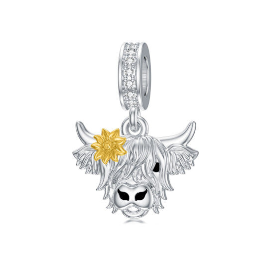 Charm en argent sterling bicolore en forme de cercle avec zircon cubique Highland Cow & Su