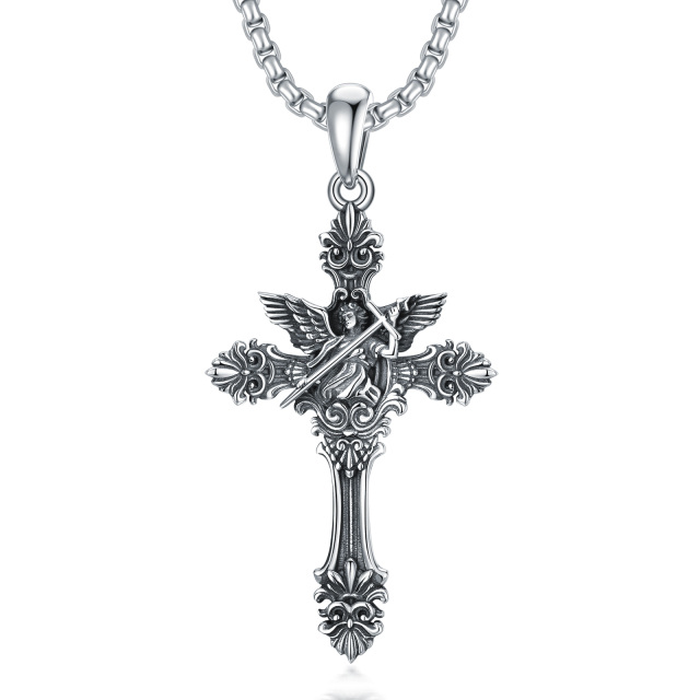 Sterling Silver Saint Michael on Cross Pendant Necklace for Men-4