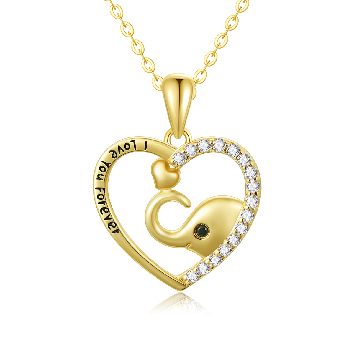 14K Gold Cubic Zirconia Elephant & Heart Pendant Necklace with Engraved Word-1