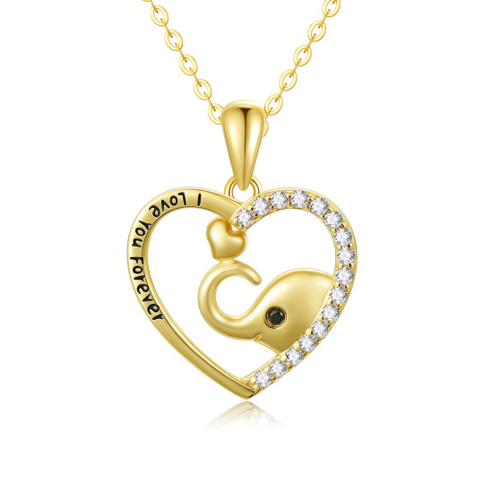 14K Gold Cubic Zirconia Elephant & Heart Pendant Necklace with Engraved Word