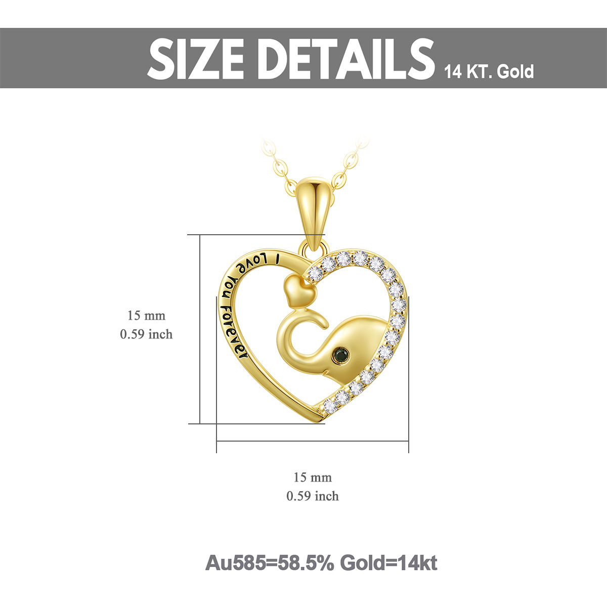 14K Gold Cubic Zirconia Elephant & Heart Pendant Necklace with Engraved Word-6