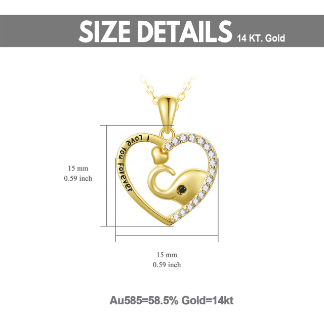 14K Gold Cubic Zirconia Elephant & Heart Pendant Necklace with Engraved Word-5