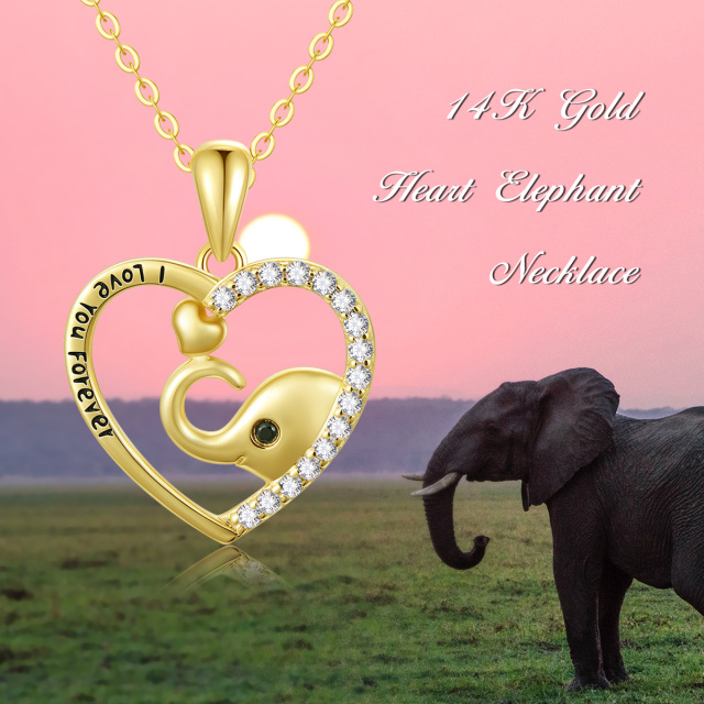 14K Gold Cubic Zirconia Elephant & Heart Pendant Necklace with Engraved Word-4