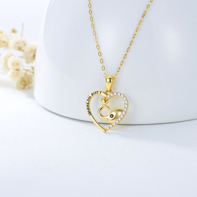 14K Gold Cubic Zirconia Elephant & Heart Pendant Necklace with Engraved Word-2