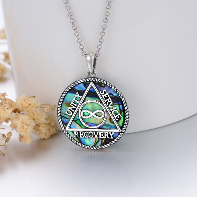 Sterling Silver Round Abalone Shellfish Alcoholics Anonymous Pendant Necklace-2