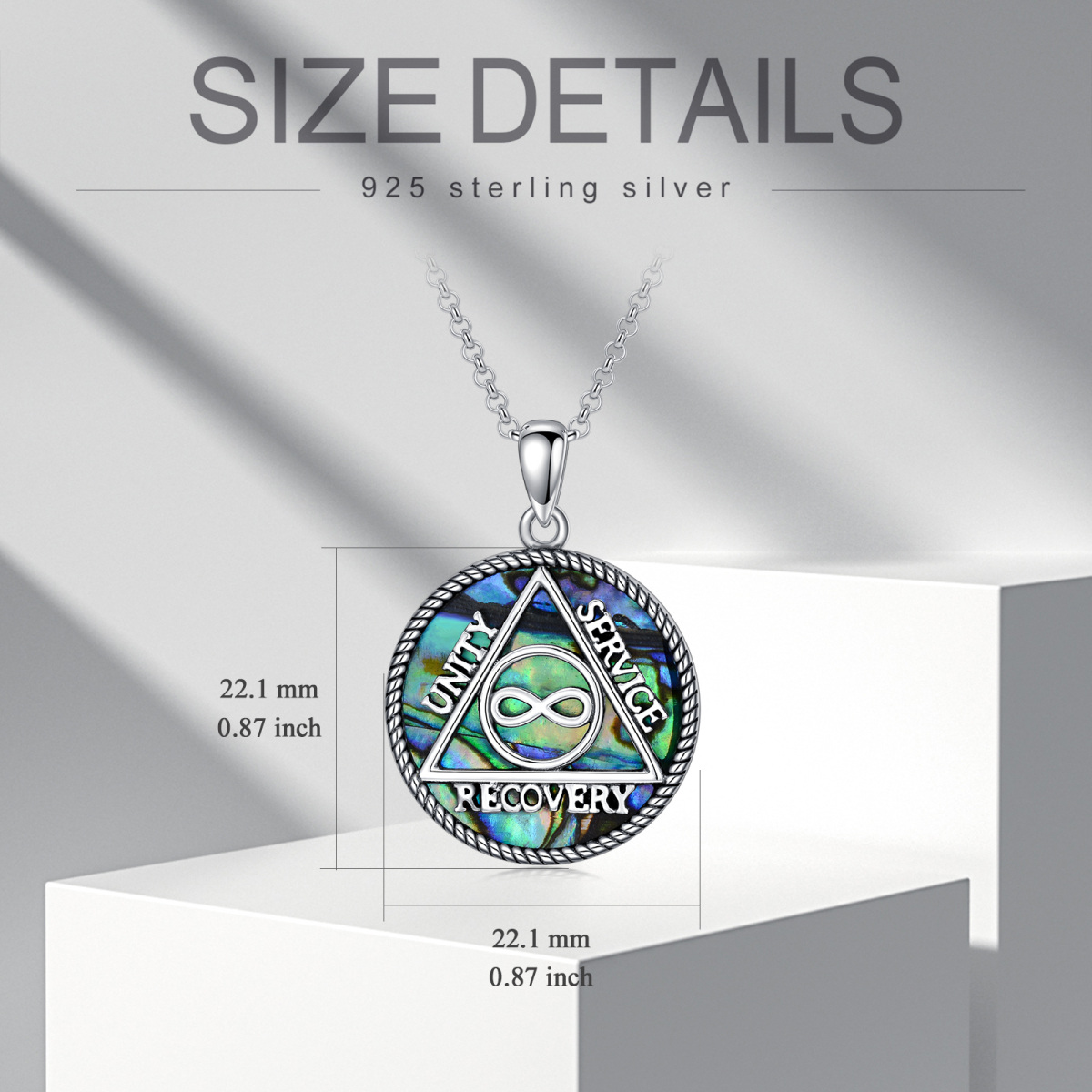Sterling Silver Round Abalone Shellfish Alcoholics Anonymous Pendant Necklace-6