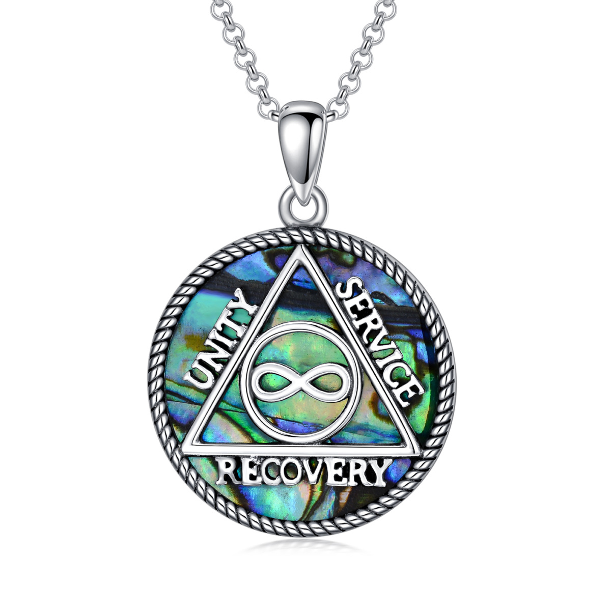 Sterling Silver Round Abalone Shellfish Alcoholics Anonymous Pendant Necklace-1