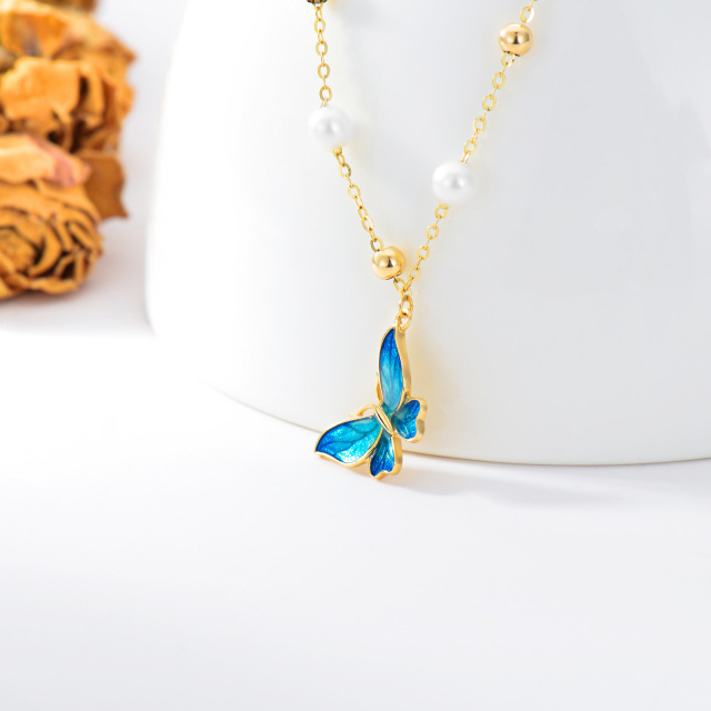 14K Gold Circular Shaped Pearl Butterfly Pendant Necklace-3