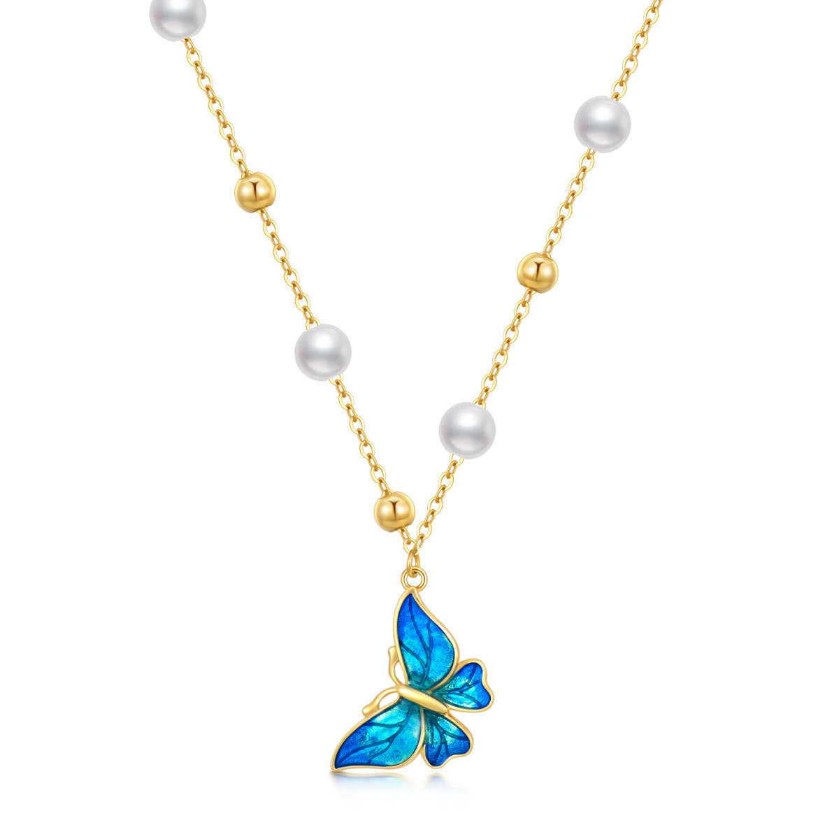 Halskette mit Schmetterlingsanhänger aus rundem Perlen-Gold 14 Karat-1
