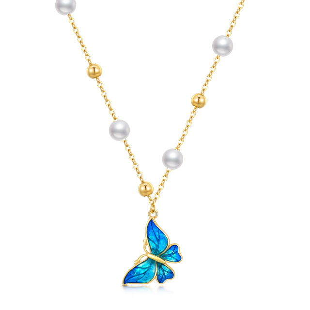 14K Gold Circular Shaped Pearl Butterfly Pendant Necklace-2