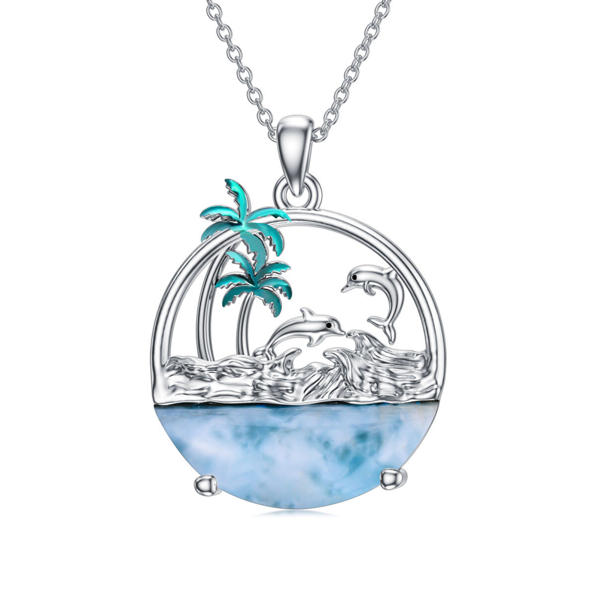 Sterling Silver Cubic Zirconia Dolphin & Coconut Tree Pendant Necklace-1