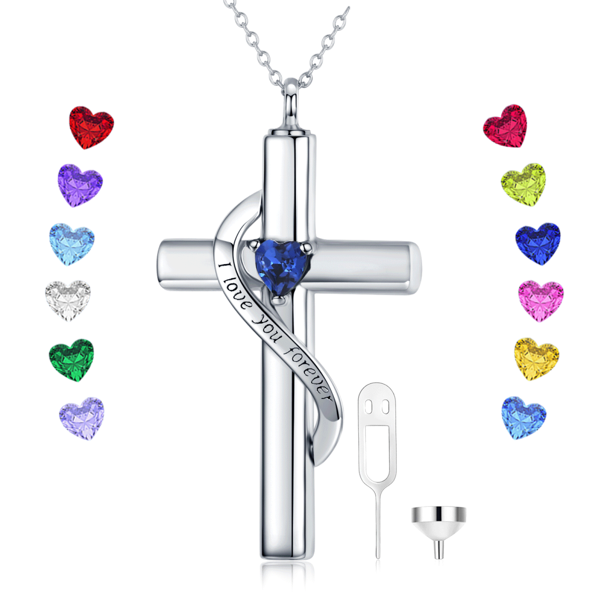 Sterling Silver Heart Zircon Cross Urn Necklace for Ashes-2