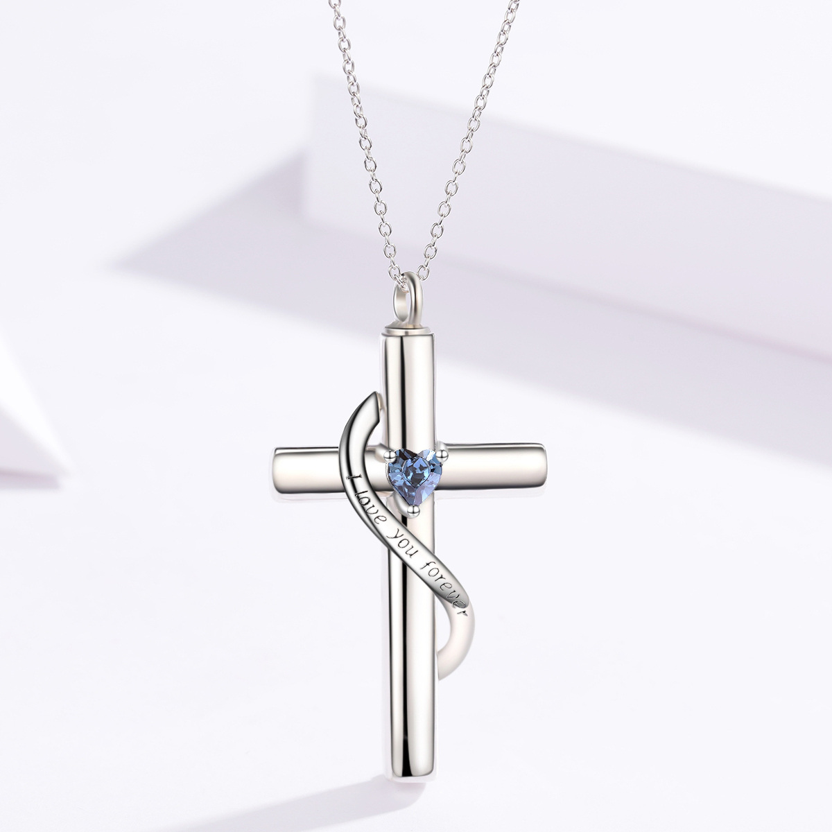 Sterling Silver Heart Shaped Cubic Zirconia Cross & Heart Urn Necklace for Ashes with Engraved Word-3