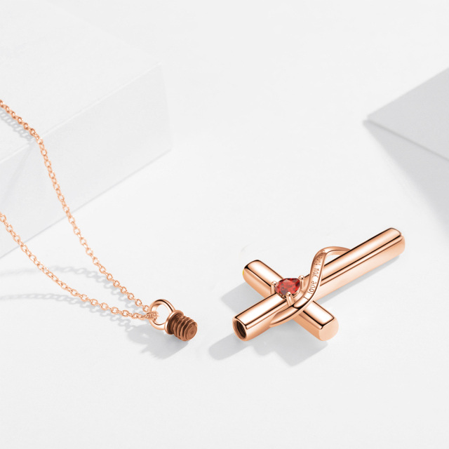 Sterling Silver with Rose Gold Plated Heart Zircon Cross Urn Necklace for Ashes with Engraved Word-2
