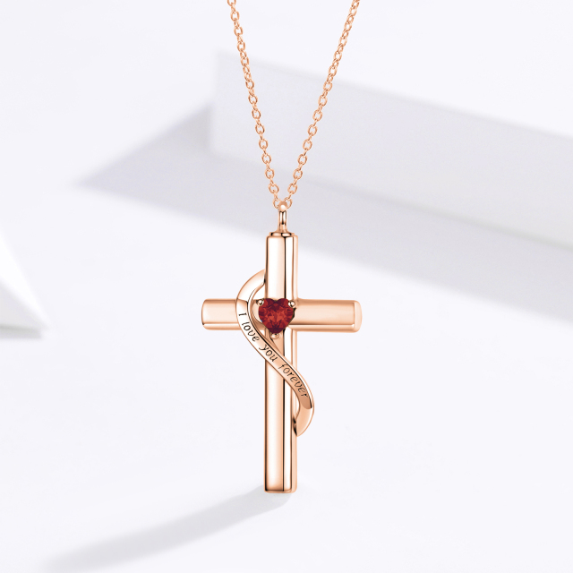 Sterling Silver with Rose Gold Plated Heart Zircon Cross Urn Necklace for Ashes with Engraved Word-3