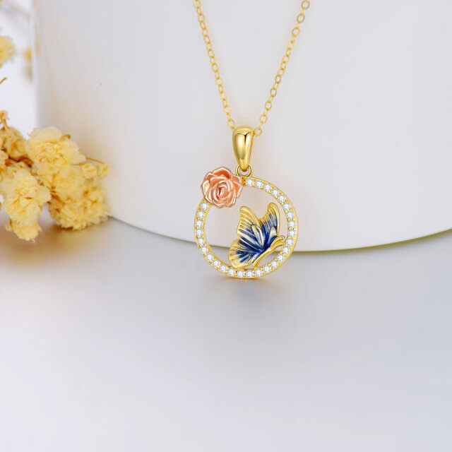 14K Gold Zircon Butterfly & Rose Pendant Necklace-2