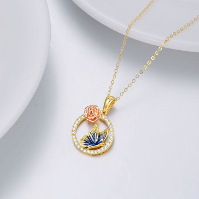 14K Gold Zircon Butterfly & Rose Pendant Necklace-3