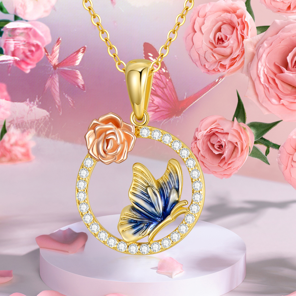 14K Gold Zircon Butterfly & Rose Pendant Necklace-6