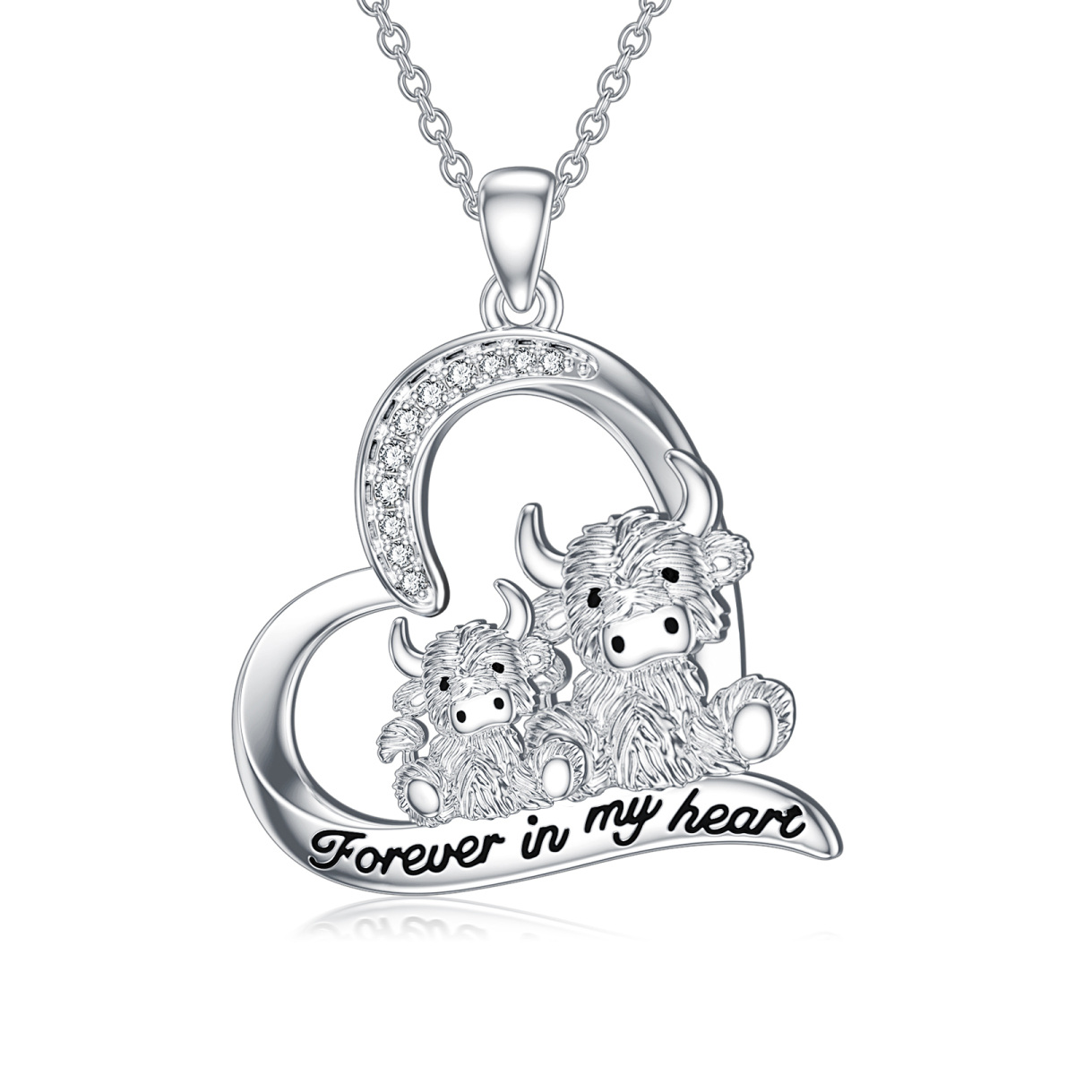 Sterling Silver Round Zircon Cow Pendant Necklace with Engraved Word-1