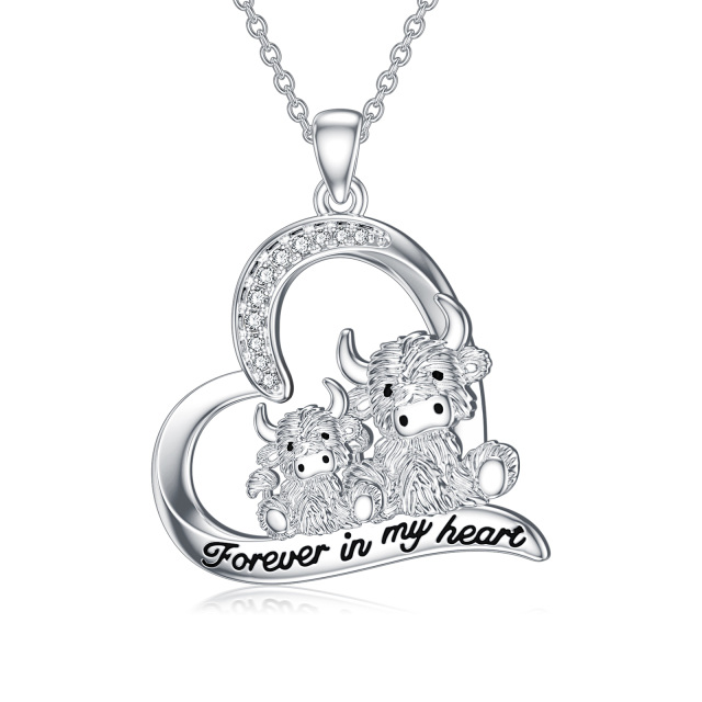 Sterling Silver Round Zircon Cow Pendant Necklace with Engraved Word-0