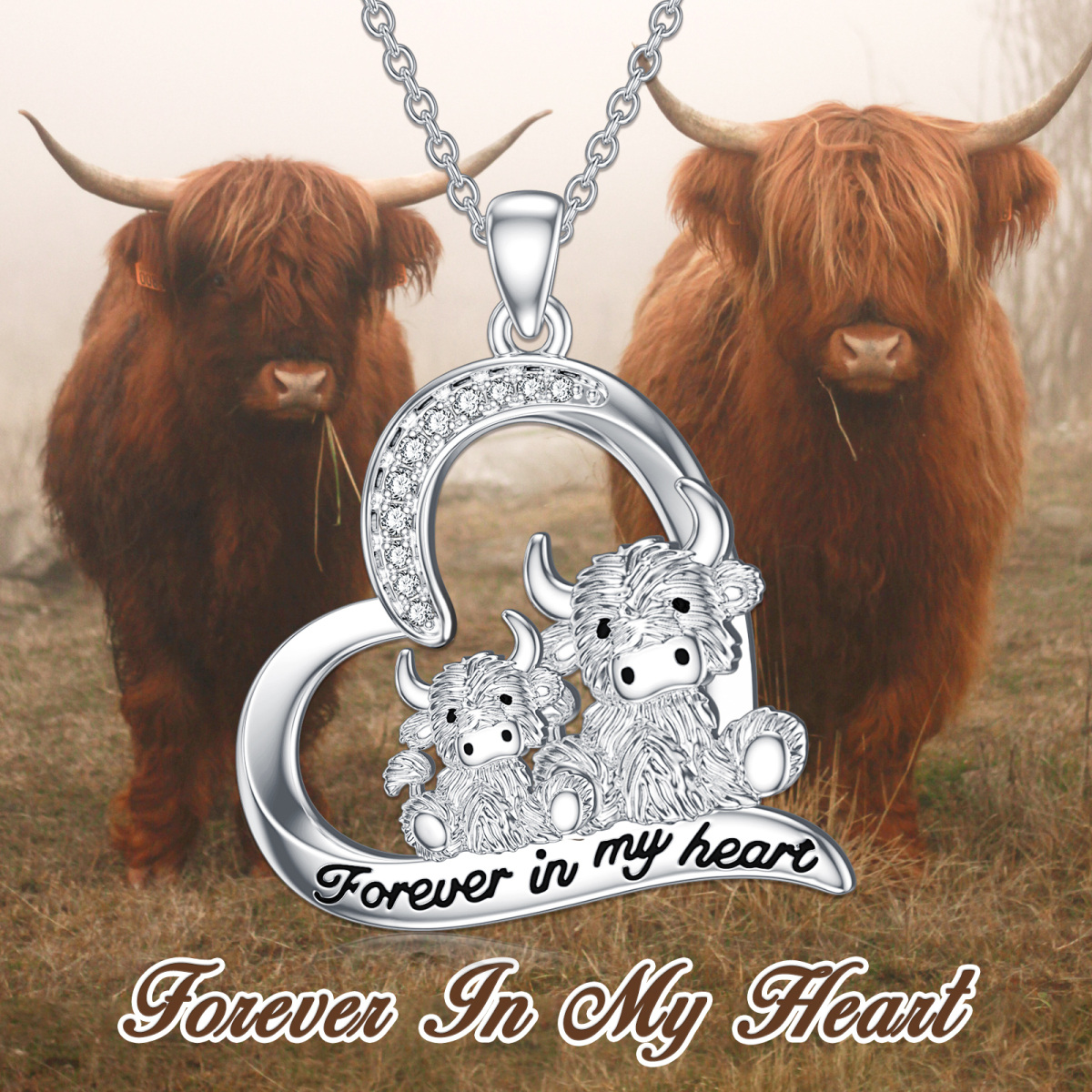 Sterling Silver Round Zircon Cow Pendant Necklace with Engraved Word-4