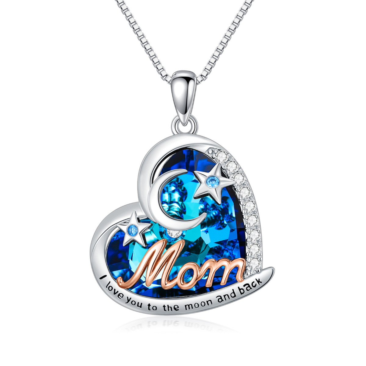 Sterling Silver Heart Shaped Crystal Mother Heart & Moon Pentagram Pendant Necklace-1