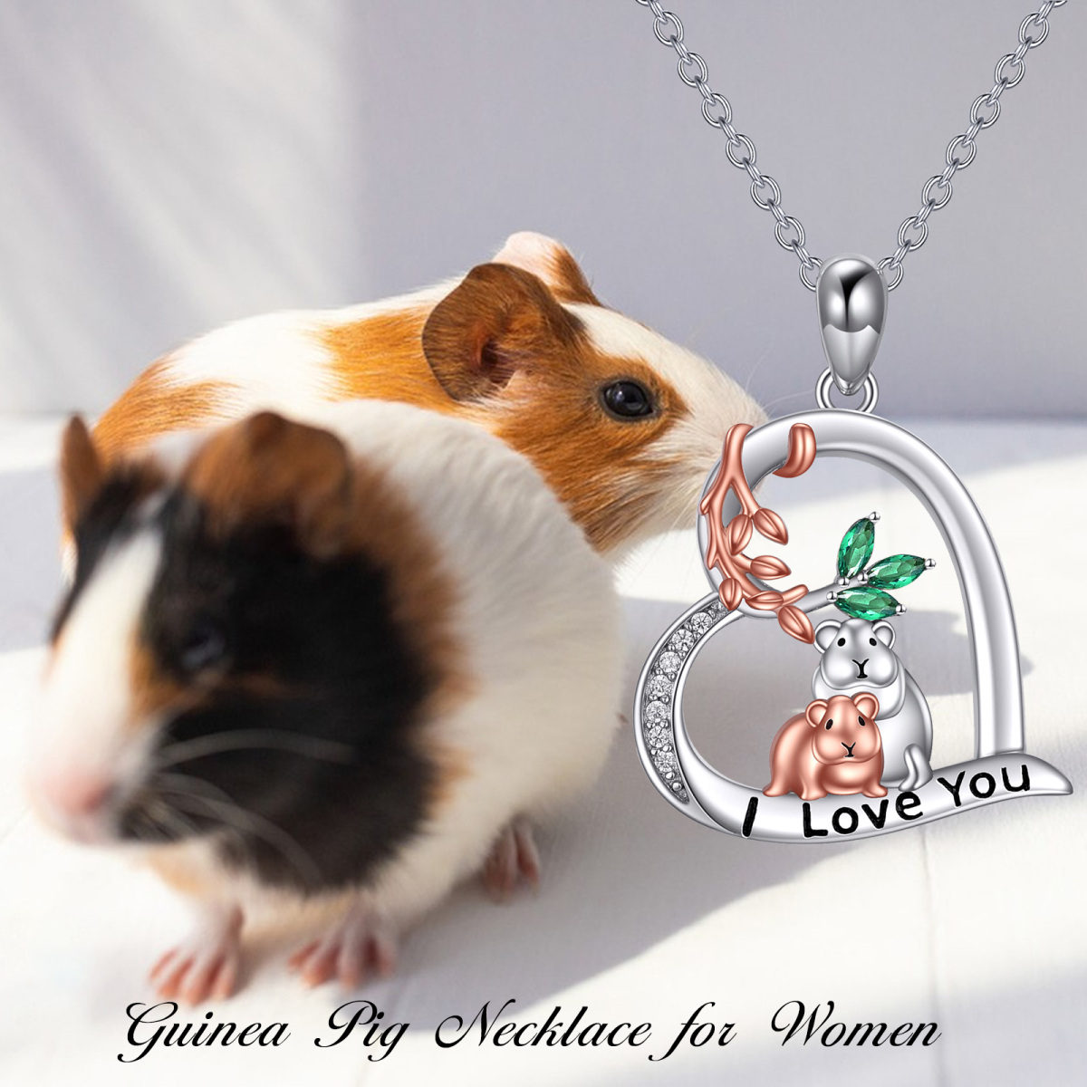 Sterling Silver Round Crystal & Cubic Zirconia Mouse & Heart Pendant Necklace with Engraved Word-7