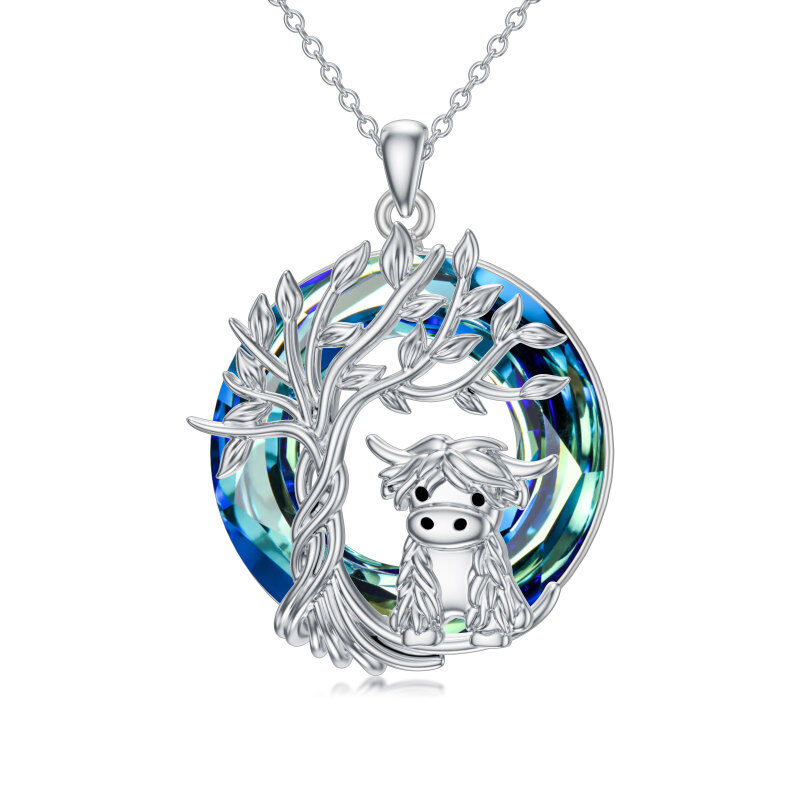 Sterling Silver Highland Cow & Tree Of Life Blue Circle Crystal Pendant Necklace