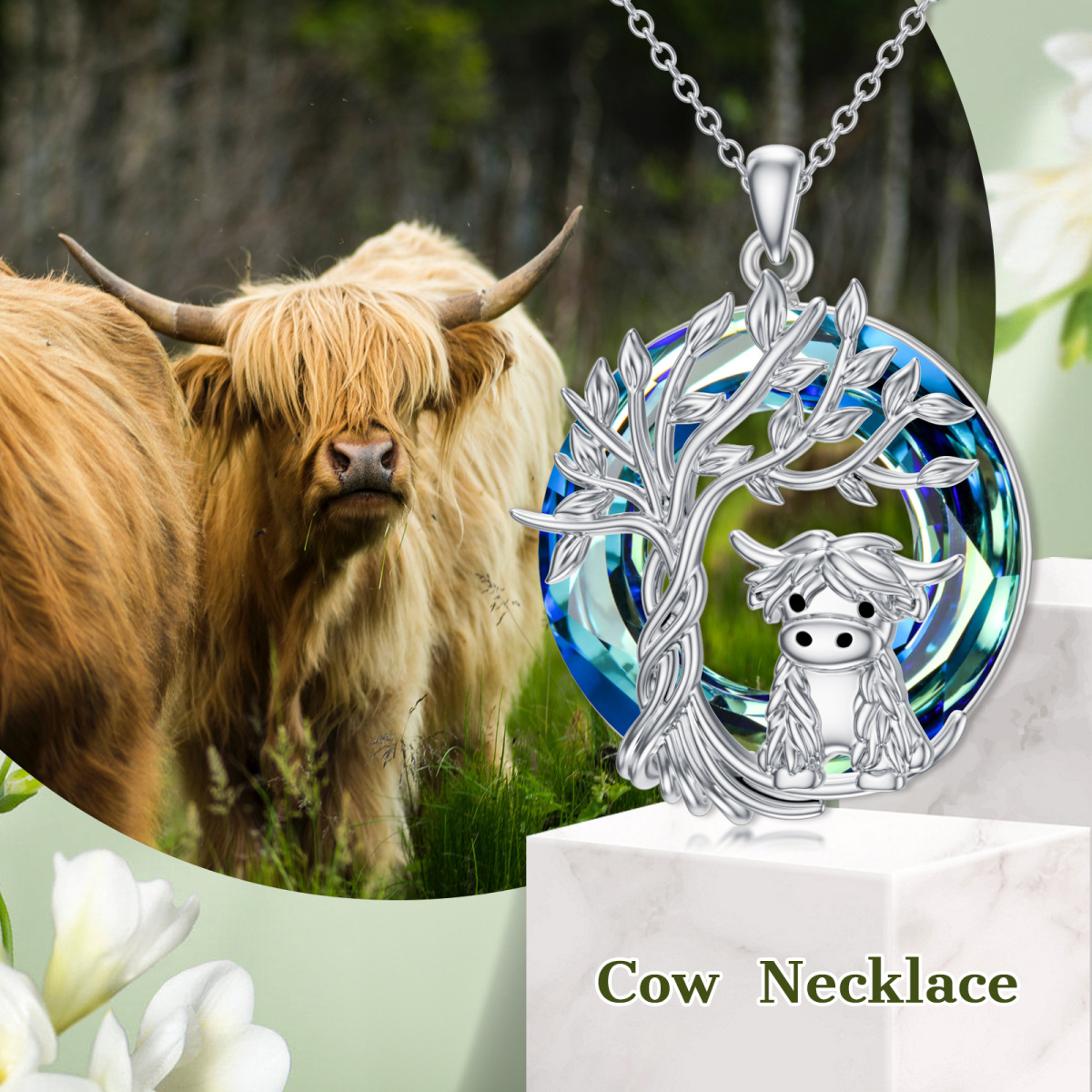 Sterling Silver Highland Cow & Tree Of Life Blue Circle Crystal Pendant Necklace-3