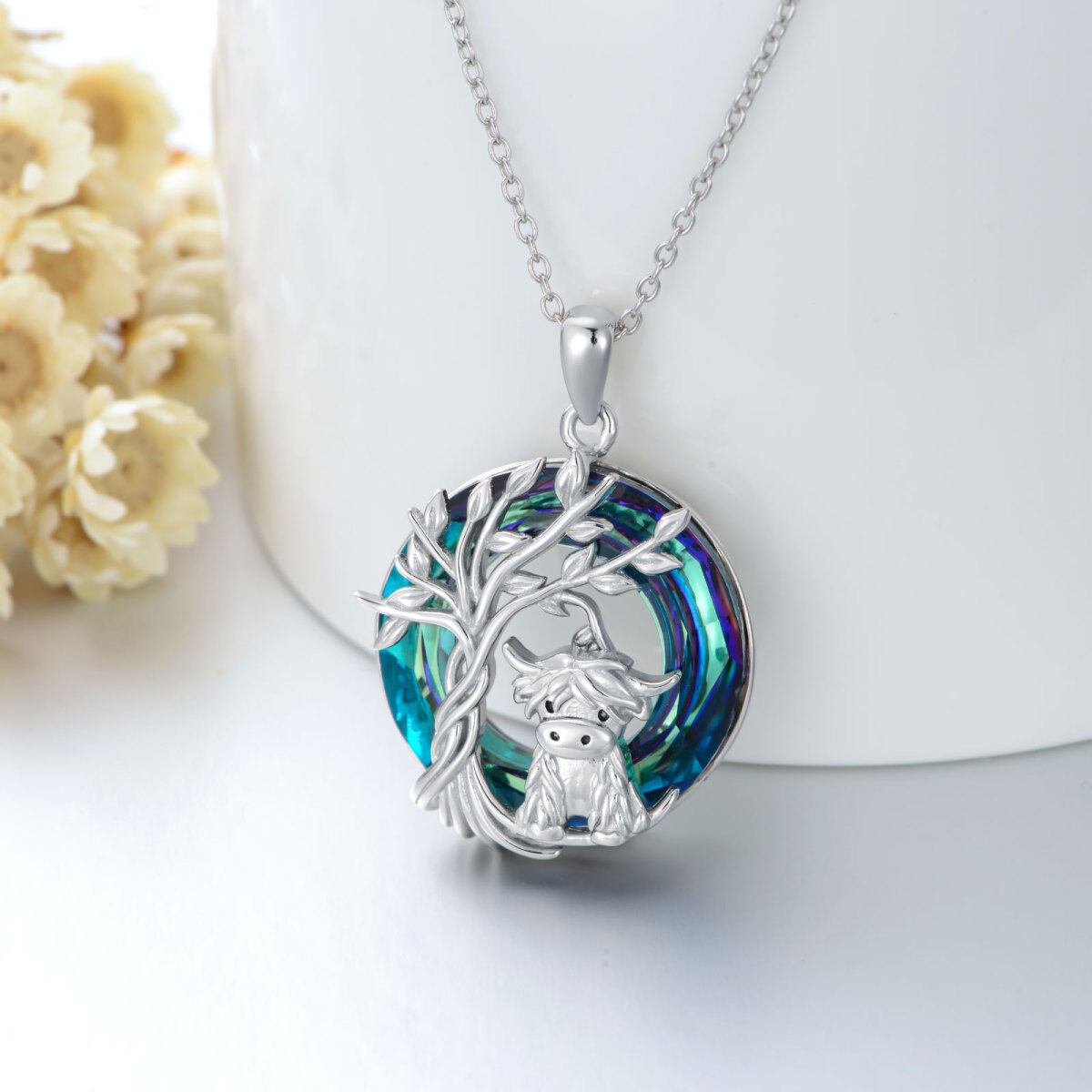 Sterling Silver Highland Cow & Tree Of Life Blue Circle Crystal Pendant Necklace-4