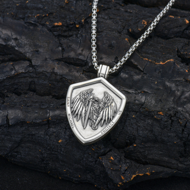 Sterling Silver Saint Michael & Shield Pendant Necklace with Engraved Word for Men-4