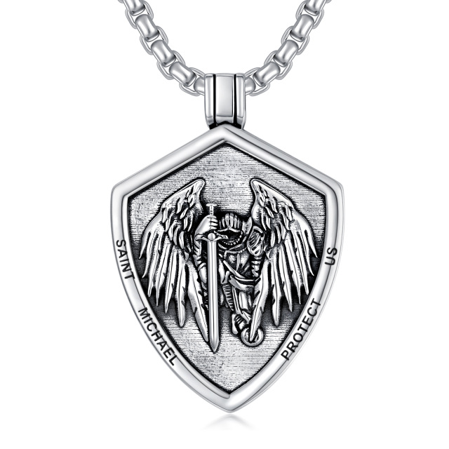 Sterling Silver Saint Michael & Shield Pendant Necklace with Engraved Word for Men-0